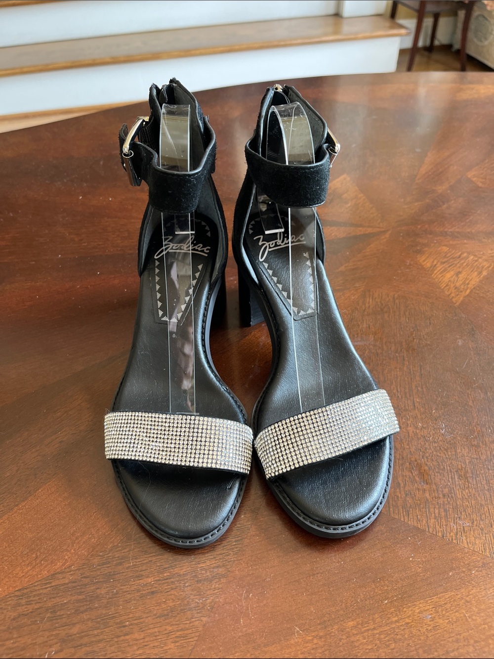 Zodiac Black Ankle-Strap Block Heels with Rhinestone Front Band